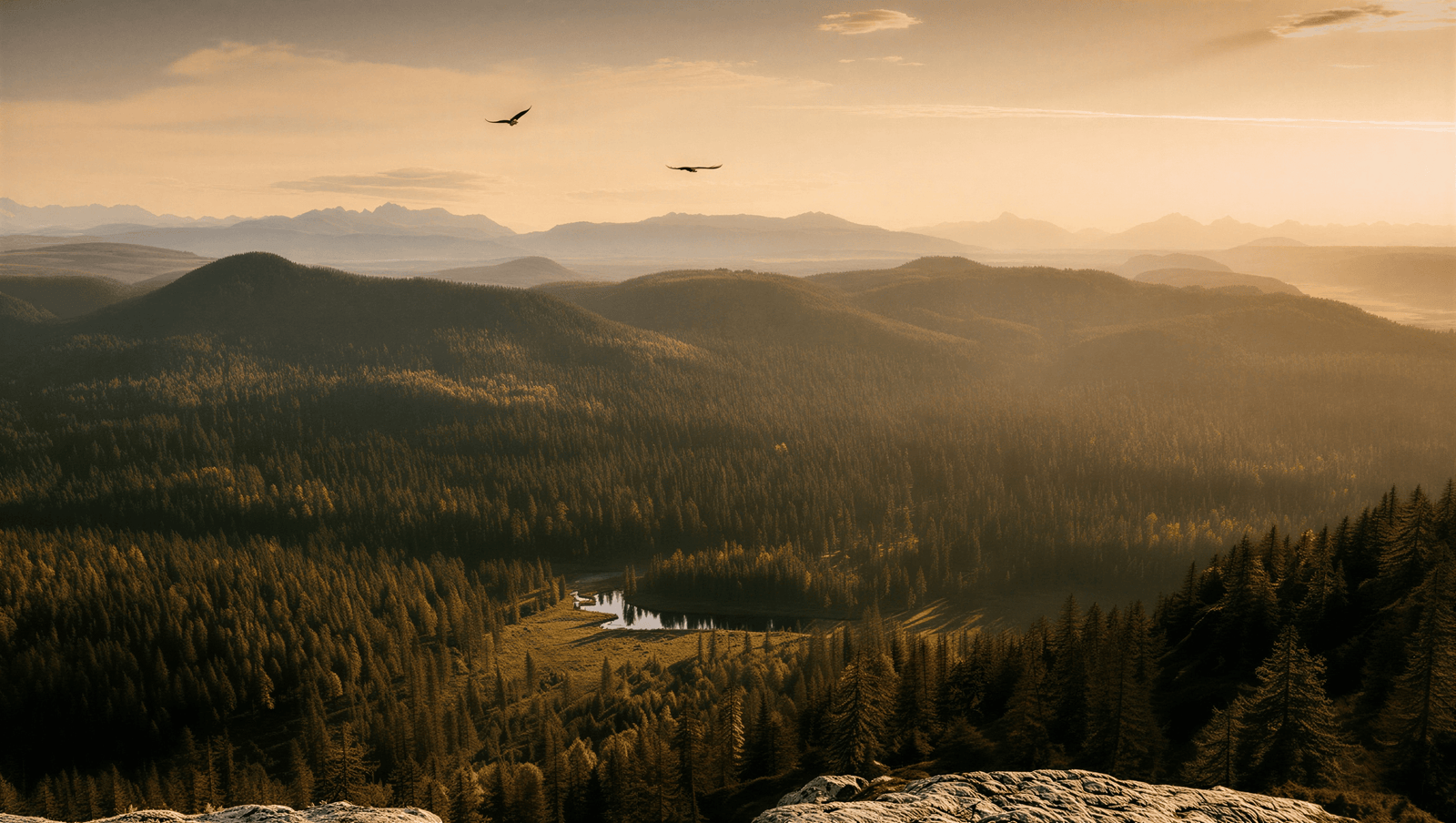 Mountain landscape with camping tent at sunset